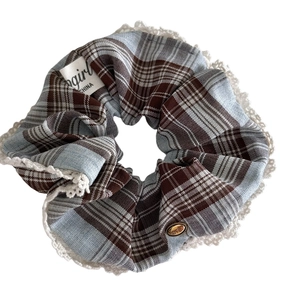 British style blue plaid scrunchie with lace trim and gold love pendant for hair