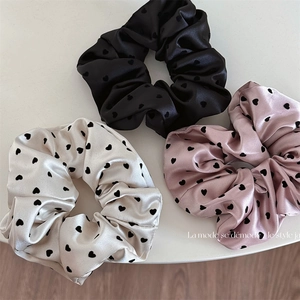 Heart Print Satin Scrunchies Large Elastic Hair Ties For Women Girly Hair Accessories Sweet Ponytail Holder Hair Band