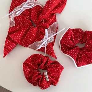 Ensemble de Chouchous Vintage à Pois Rouges pour Femmes Attaches Cheveux Rétro avec Nœud en Dentelle Accessoires de Coiffure