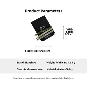 Detailed view of acetate hair clips dimensions and weight on display card packaging