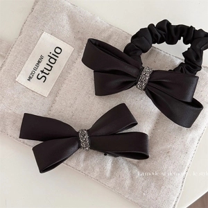 Élégant Ensemble d'Accessoires de Cheveux Nœud en Satin Noir avec Strass Élastique et Pince pour Femmes Bijoux de Rendez-vous