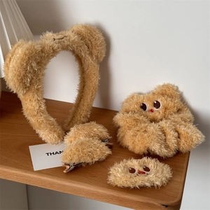 Plush brown bear hair accessories set including headband, scrunchie and cute clips