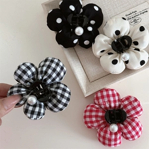 Fabric Flower Hair Claw Faux Artificial Pearl Plaid Polka Dot Leopard Pattern Korean Style Elegant Hair Clip For Women Accessories