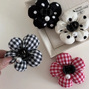 Floral hair claw clip set with plaid and polka dot patterns featuring pearl centers