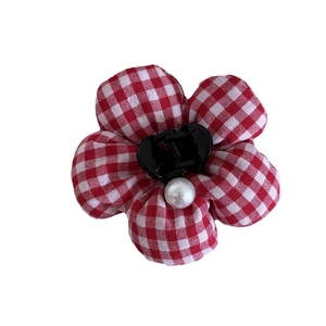 Red and white checkered floral hair claw clip with a white pearl accent for women
