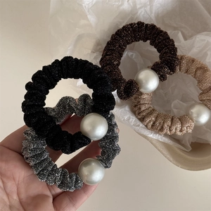 Vintage glitter fabric scrunchies set with large pearl accents in four elegant colors