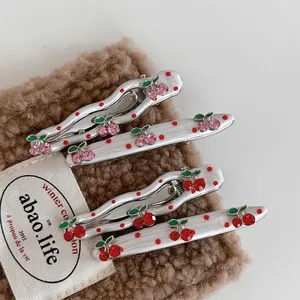 Sweet Alloy Rhinestone Cherry Hair Clip White Polka Dot Pattern Duckbill Clip Hair Pin For Women Girls Hair Accessories