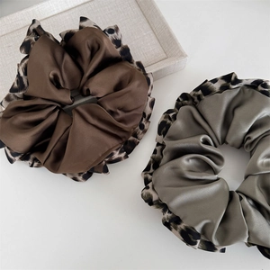 Leopard print satin scrunchies in coffee and green, large fabric elastic hair ties