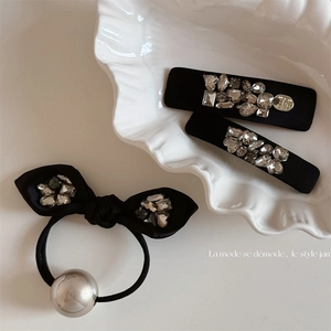 French Vintage Rhinestone Bow Hair Tie And Rectangular Hair Clips Set Elegant Artificial Pearl Black Hair Accessories For Women