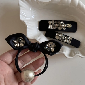 Elegant black bow hair tie with pearl and sparkling rhinestone French style hair clips