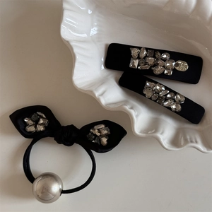 Elegant black satin bow scrunchie with rhinestones and vintage crystal hair clips set