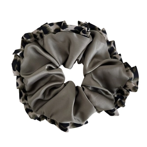 Olive green satin scrunchie with leopard print pleated edge and silky texture