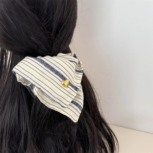 Vintage retro striped oversized scrunchie with golden heart metal accent for women