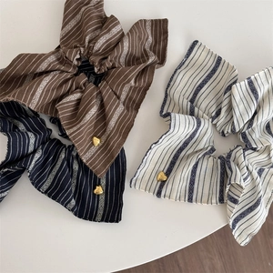 Retro striped scrunchie set with golden heart charms in coffee navy and beige