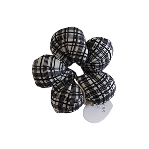 Cute black and white checkered flower hair scrunchie with soft cotton padded fabric design