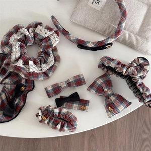 British style red and green plaid hair accessory set with headband and scrunchies