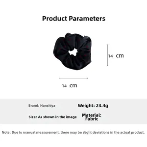 Polka dot heart hair scrunchie dimensions showing 14cm diameter and 23.4g weight