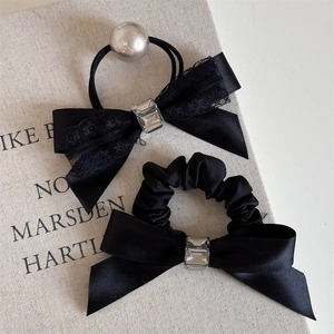 Elegant Black Bow Satin Lace Scrunchie Hair Tie With Faux Artificial Pearl Rhinestone Korean Style Women Vintage Hair Accessories