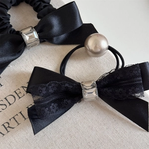 Elegant black satin bow scrunchie set with rhinestone accents and pearl hair tie detail