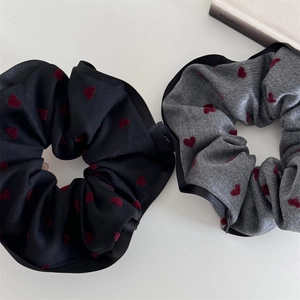 Elegant black and grey scrunchie set with red heart patterns and silk satin piping
