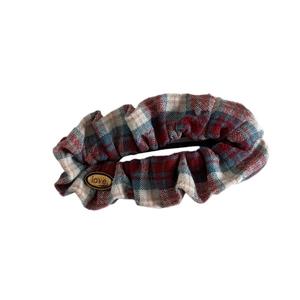Vintage red and blue plaid fabric BB hair clip with gold Love metal plate for women