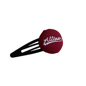 Burgundy embroidered fabric button BB hair clip with white 'alline' letter embroidery
