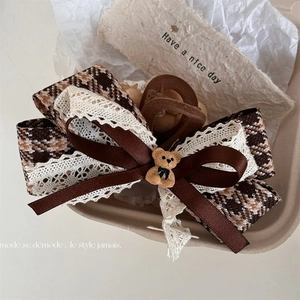Pince à Cheveux Vintage à Carreaux Café Nœud en Dentelle Ours en Peluche Mignon Pied-de-poule pour Femmes Accessoires Cheveux