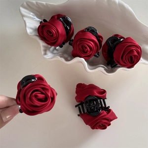 Elegant red satin rose flower hair claw clips for women with a vintage French style
