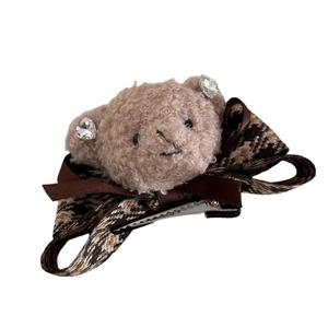 Pince à cheveux vintage avec nœud en dentelle à carreaux et ours en peluche mignon