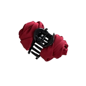 Elegant red fabric rose hair claw clip in vintage satin style with a matte velvet finish