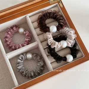 Elegant Velvet Artificial Pearl Scrunchie Ruffle Lace Hair Tie High Elastic Durable Ponytail Holder For Women French Vintage Hair Accessories