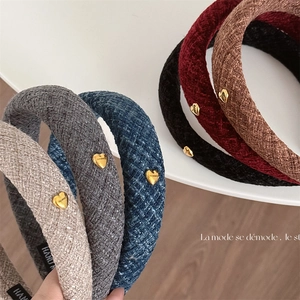 Retro Tweed Padded Headband For Women Vintage Heart Gold Buckle Wide Hair Band Elegant High Top Head Crown Hair Accessories