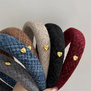 Set of padded tweed headbands with vintage gold heart buckle in six assorted colors