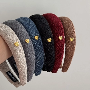 Retro plaid wide headband with gold heart buckle in six autumn colors for women