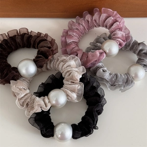 Velvet and organza scrunchies set with large pearls in five elegant vintage colors