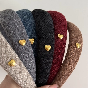 Plaid sponge headbands with gold heart buckle in beige, gray, blue, black, burgundy, and brown