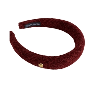 Vintage burgundy textured wide headband with a gold heart detail for women's winter style