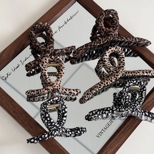 Vintage leopard print fabric hair claw clips set in brown and beige patterns