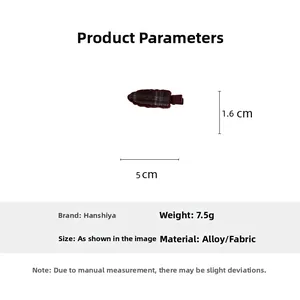 Detail showing red checkered fabric hair clip dimensions of 5cm by 1.6cm and 7.5g weight