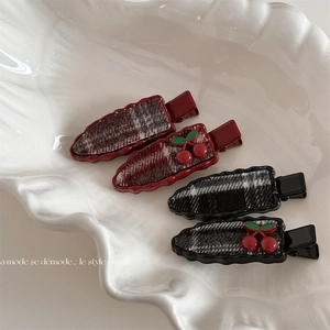 Vintage Plaid Fabric Hair Clip Sweet Cherry Wave Edge Duckbill Clip For Women Girls Daily Hair Accessories