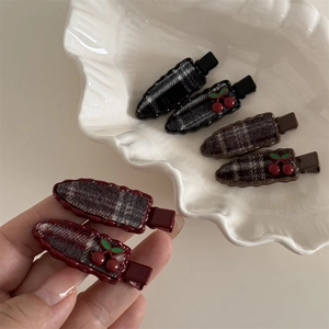 6-piece sweet plaid hair clips set with cherry accents in black, coffee, and wine red colors
