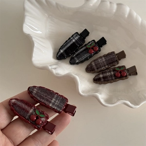 Plaid cherry hair clips in black, brown, and wine red with sweet vintage design