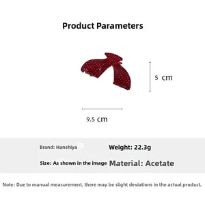 Detailed size chart showing red polka dot acetate hair claw clip 9.5x5cm dimensions