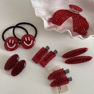 Vintage Red Polka Dot Hair Clip Set Acetate Hair Claw Smiley Face Hair Tie Oval Rectangular Duckbill Clip Women Hair Accessories