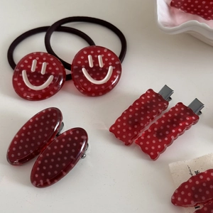 Red festive polka dot hair clip set with smiley face elastic hair bands and hairpins