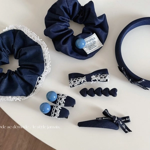 Navy Blue Denim Fabric Hair Accessories Set For Women Lace Bow Hair Clip Scrunchies Headband Sweet French Style Headwear