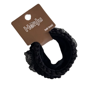 Set of four black high-elasticity hair bands with lace edges on original cardboard