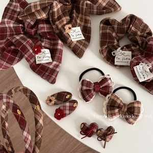 Vintage Red Coffee Checkered Hair Accessories Set Wool Flower Bow Heart Hair Clips For Women Autumn Winter Sweet Hairband