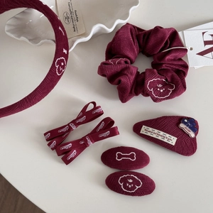 Lot de 7 accessoires cheveux en velours côtelé bordeaux avec broderie chien et os