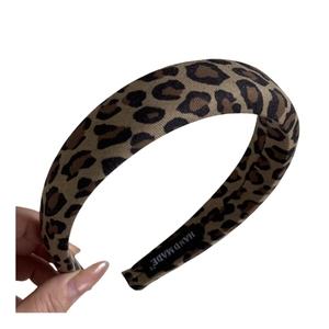 Handmade wide leopard print headband for women with a vintage brown fabric finish